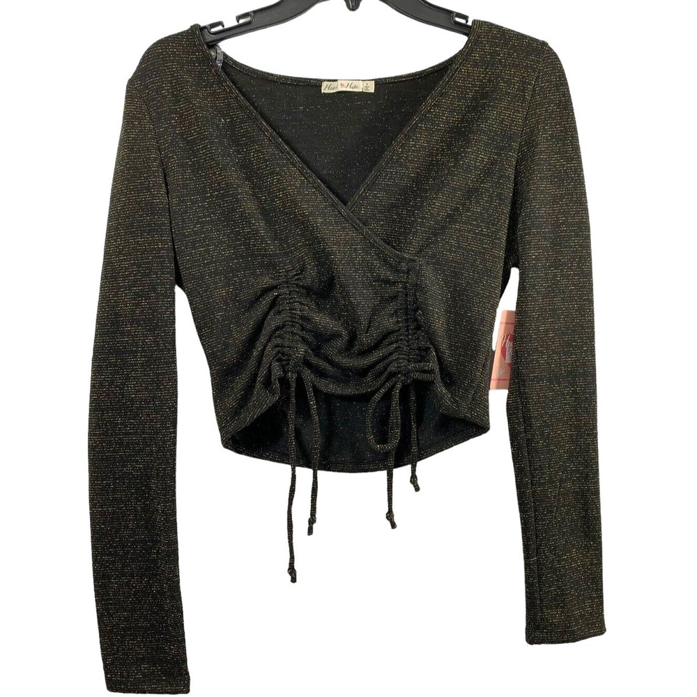 Womens Crop Top Size Large Drawstring Black Metallic Gold Whimsigoth Blouse‎
